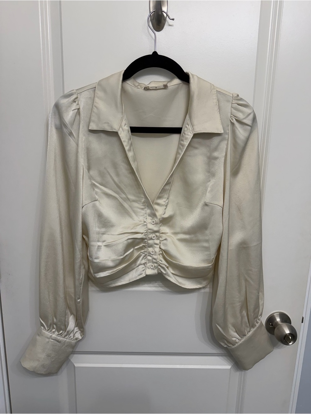 Altar'd State Ivory Satin Ruched Button-Front Crop Blouse